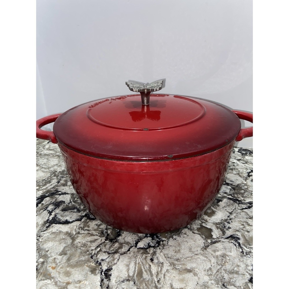 Vintage Pioneer Woman Butterfly Knob Cast Iron Enamel Dutch Oven Pot Cookware